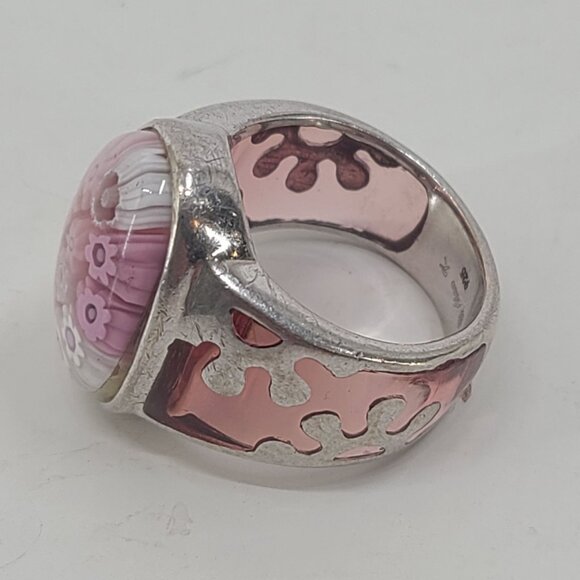 alan  K Sterling Silver 925 ring Pink floral Millifiori Glass Flower Ring - Picture 3 of 9